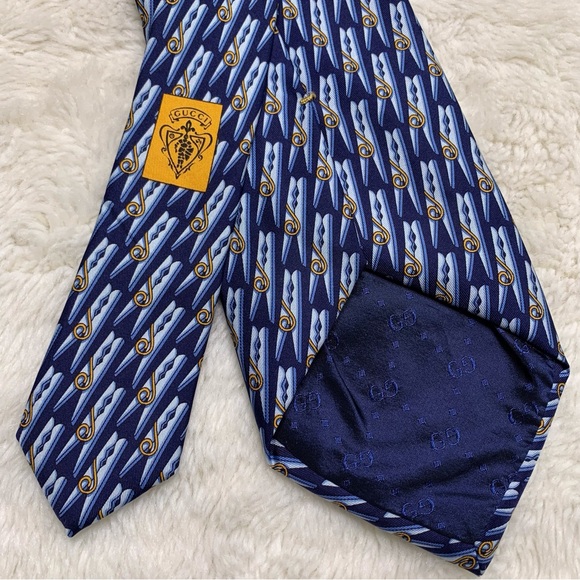 Gucci Men's Blue Gold 100% Silk Clothes Clips Pattern Tie - Picture 5 of 8